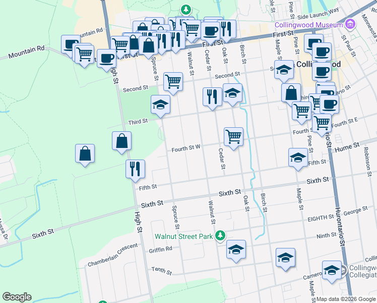 map of restaurants, bars, coffee shops, grocery stores, and more near 323 Hickory Street in Collingwood