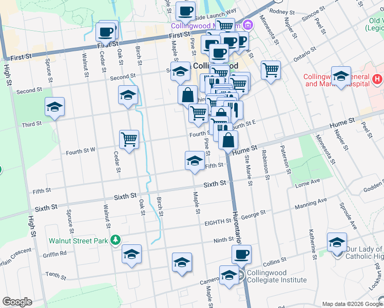 map of restaurants, bars, coffee shops, grocery stores, and more near 311 Maple Street in Collingwood