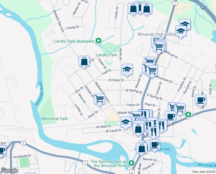 map of restaurants, bars, coffee shops, grocery stores, and more near 102 Saint Peter Street in Winooski