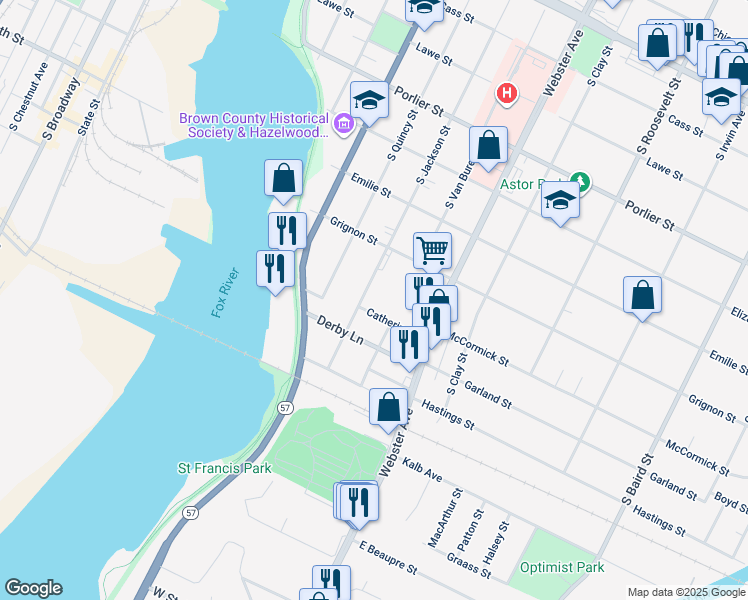 map of restaurants, bars, coffee shops, grocery stores, and more near 1232 South Jackson Street in Green Bay
