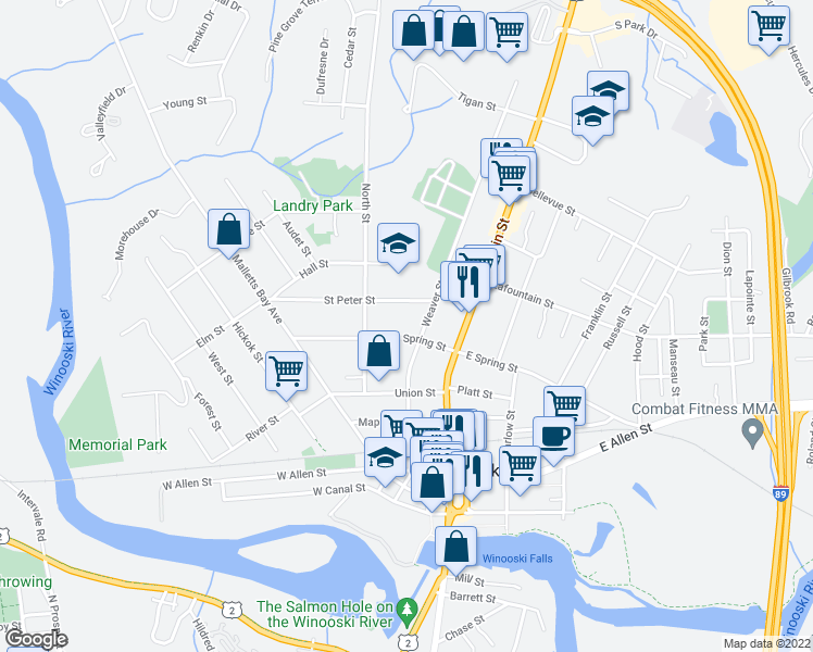 map of restaurants, bars, coffee shops, grocery stores, and more near 47 West Spring Street in Winooski