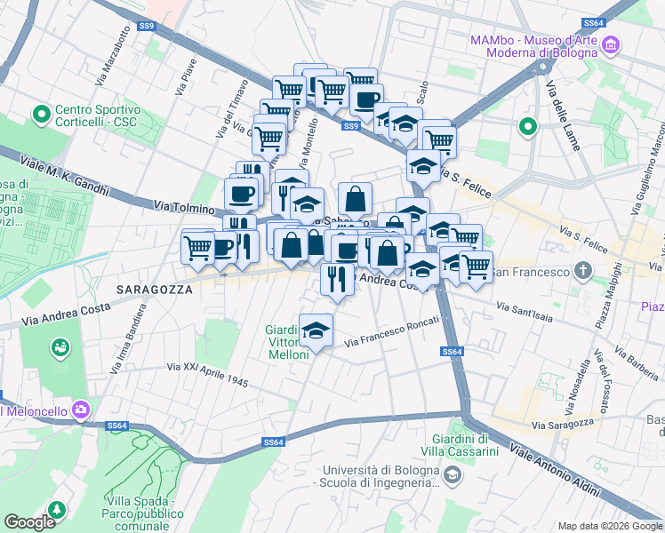 map of restaurants, bars, coffee shops, grocery stores, and more near 7 Via del Carso in Bologna
