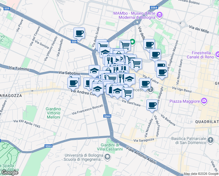 map of restaurants, bars, coffee shops, grocery stores, and more near 5 Via Santa Croce in Bologna