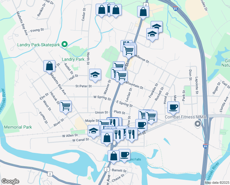 map of restaurants, bars, coffee shops, grocery stores, and more near 215 Weaver Street in Winooski