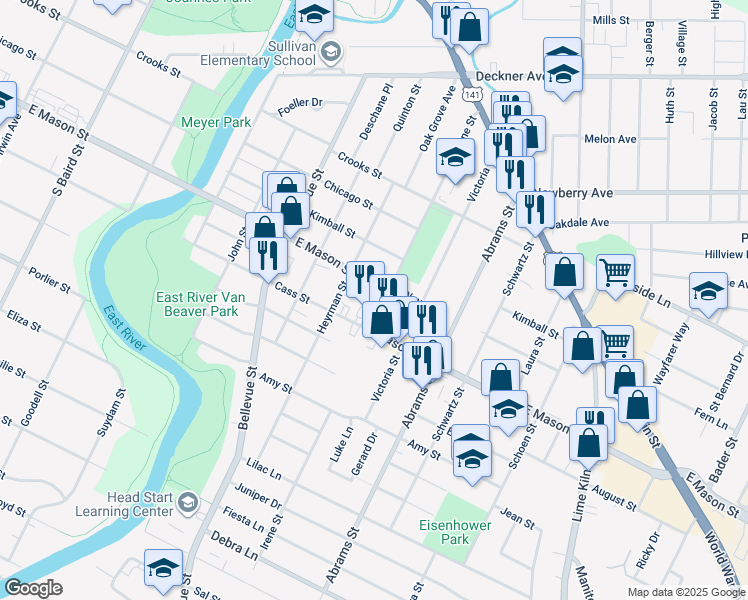map of restaurants, bars, coffee shops, grocery stores, and more near 1650 Mason Way in Green Bay