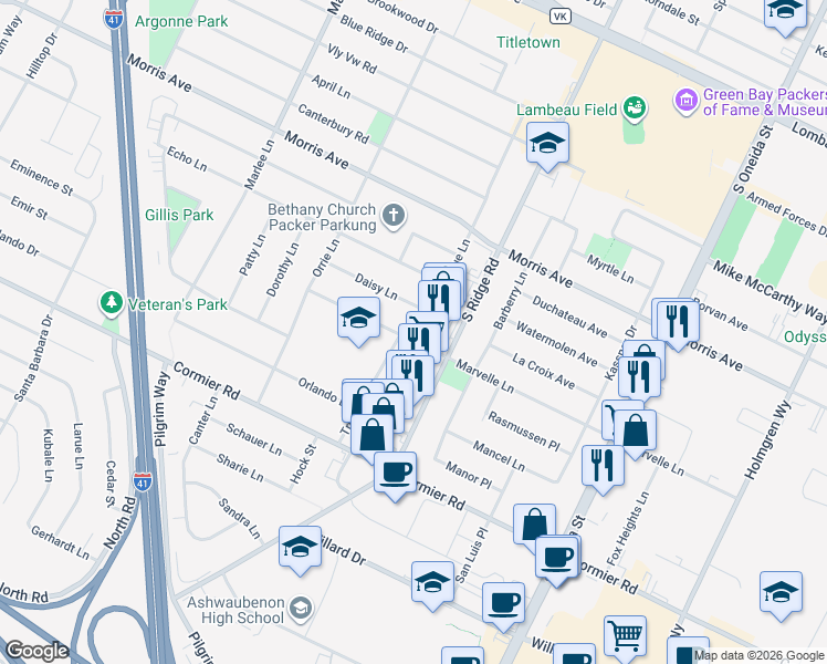 map of restaurants, bars, coffee shops, grocery stores, and more near 1065 Daisy Lane in Green Bay