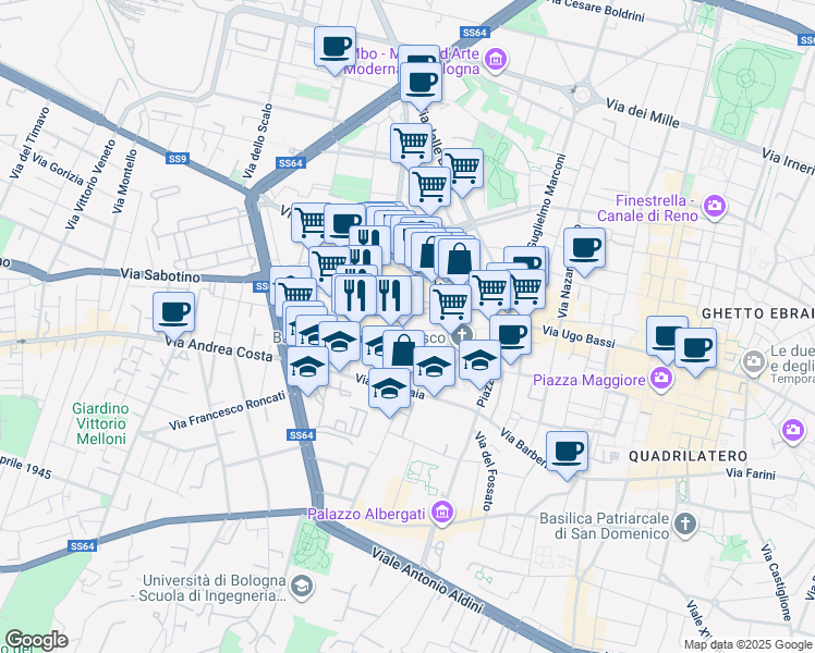 map of restaurants, bars, coffee shops, grocery stores, and more near 17 Via Paradiso in Bologna