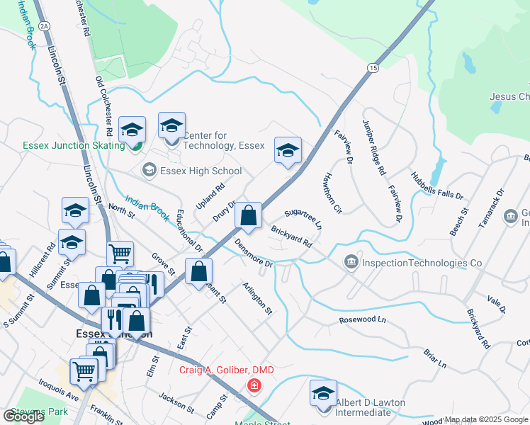 map of restaurants, bars, coffee shops, grocery stores, and more near 1 Crestview Road in Essex
