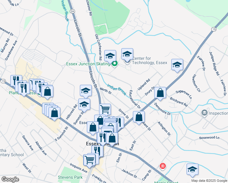map of restaurants, bars, coffee shops, grocery stores, and more near 41 North Street in Essex
