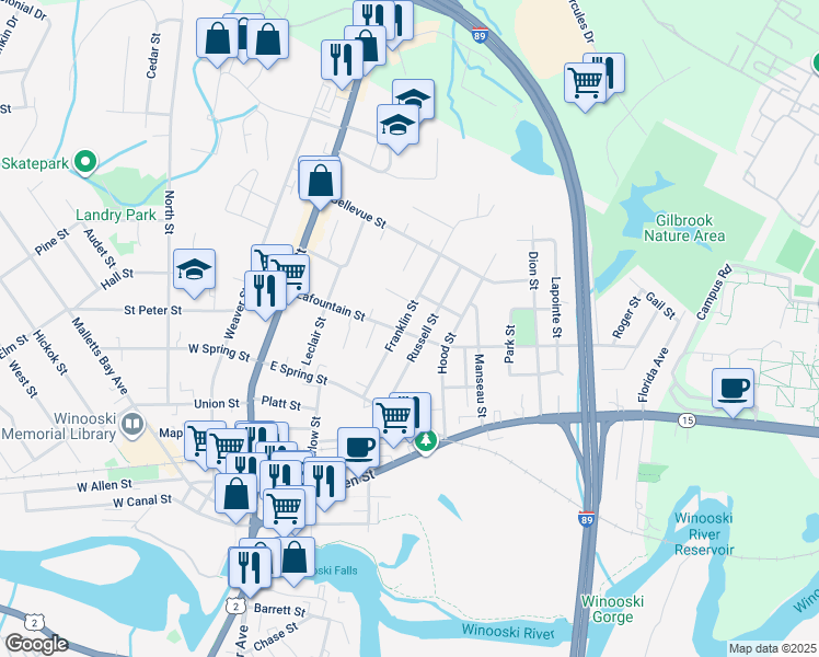 map of restaurants, bars, coffee shops, grocery stores, and more near 39 Franklin Street in Winooski