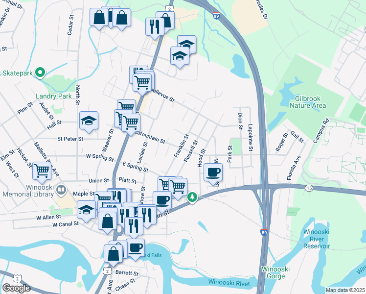 map of restaurants, bars, coffee shops, grocery stores, and more near 39 Franklin Street in Winooski
