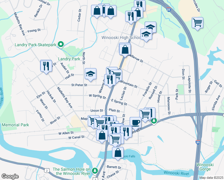 map of restaurants, bars, coffee shops, grocery stores, and more near 235 Main Street in Winooski