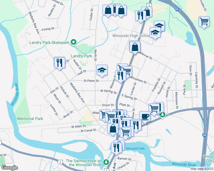 map of restaurants, bars, coffee shops, grocery stores, and more near 47 West Spring Street in Winooski