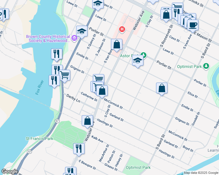 map of restaurants, bars, coffee shops, grocery stores, and more near 1015 Grignon Street in Green Bay