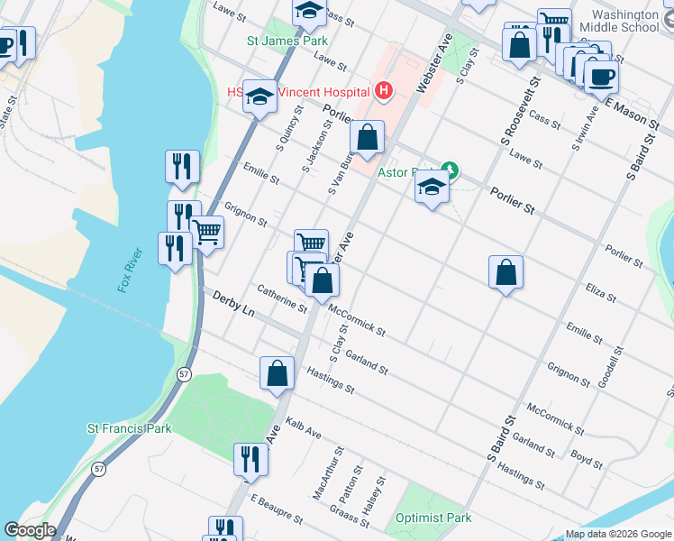 map of restaurants, bars, coffee shops, grocery stores, and more near 1015 Grignon Street in Green Bay