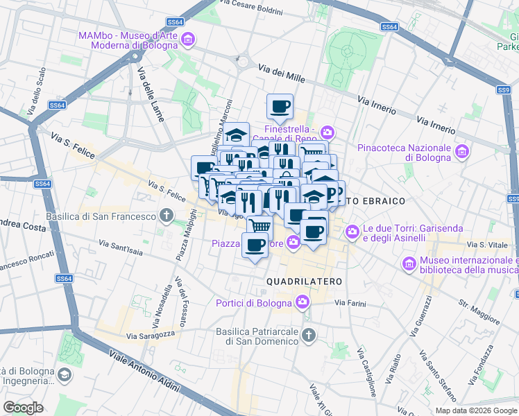 map of restaurants, bars, coffee shops, grocery stores, and more near 5 Via Monte Grappa in Bologna