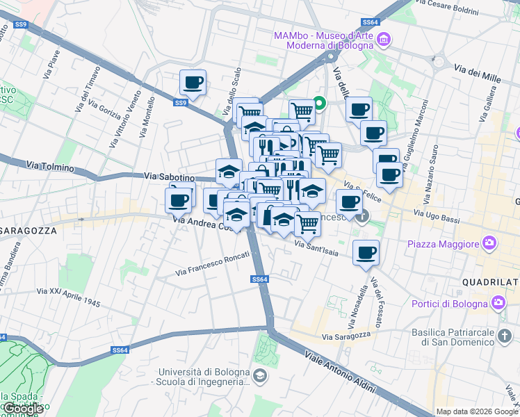 map of restaurants, bars, coffee shops, grocery stores, and more near 5 Via Santa Croce in Bologna