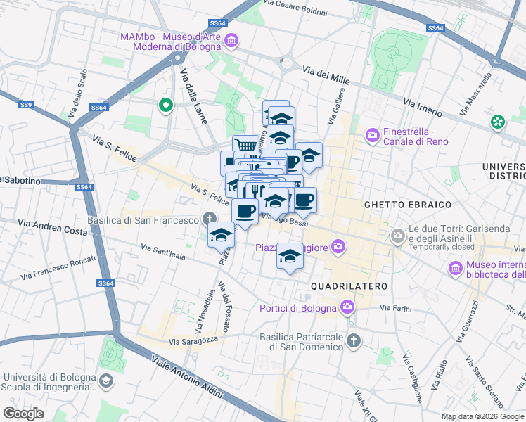map of restaurants, bars, coffee shops, grocery stores, and more near 21 Via Ugo Bassi in Bologna