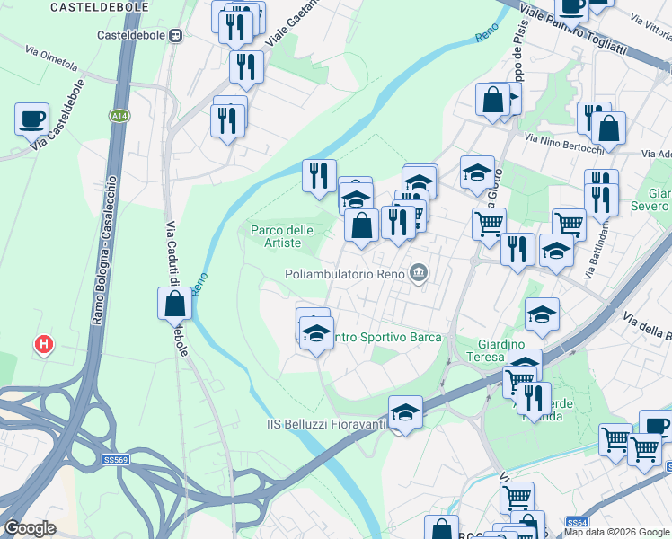 map of restaurants, bars, coffee shops, grocery stores, and more near Via Wolfango Amedeo Mozart in Bologna