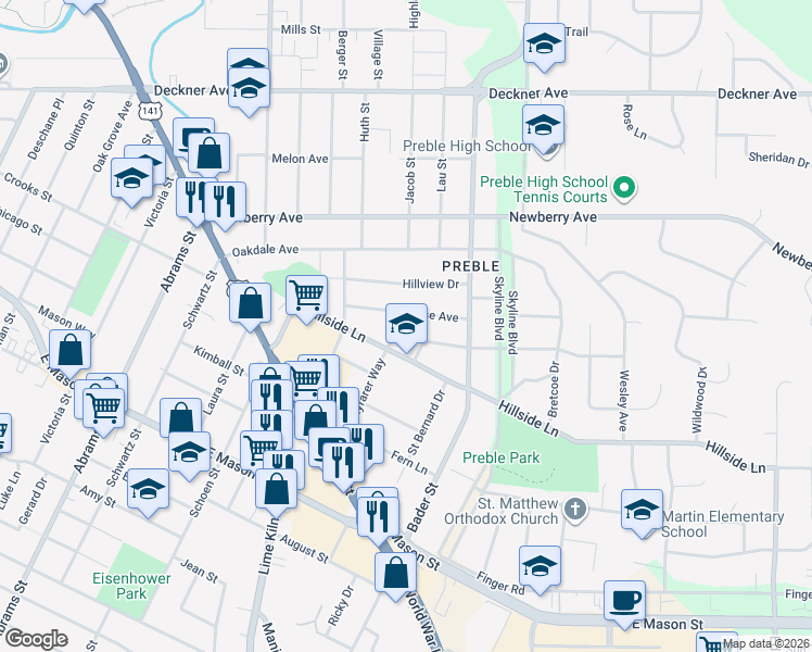 map of restaurants, bars, coffee shops, grocery stores, and more near 2026 Zeise Avenue in Green Bay