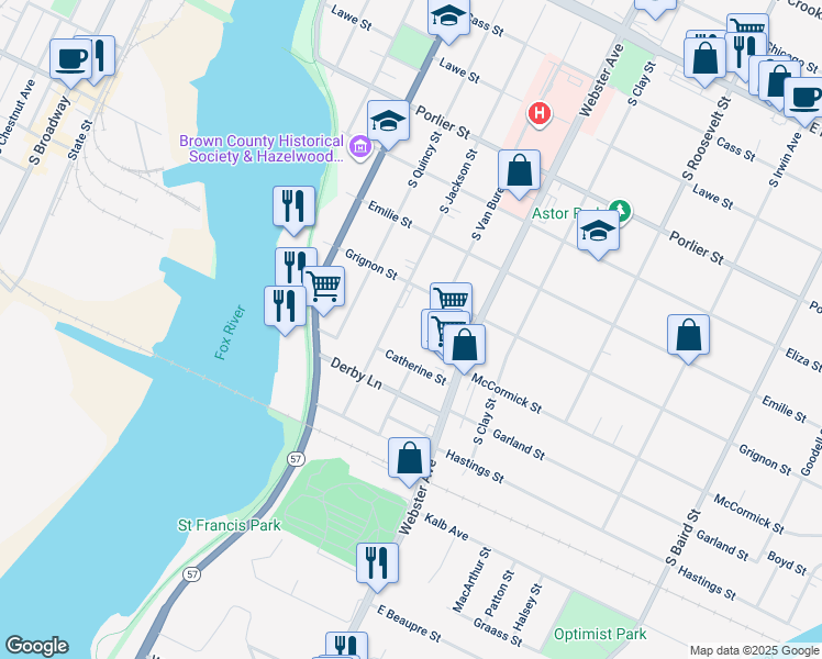 map of restaurants, bars, coffee shops, grocery stores, and more near 1207 South Jackson Street in Green Bay