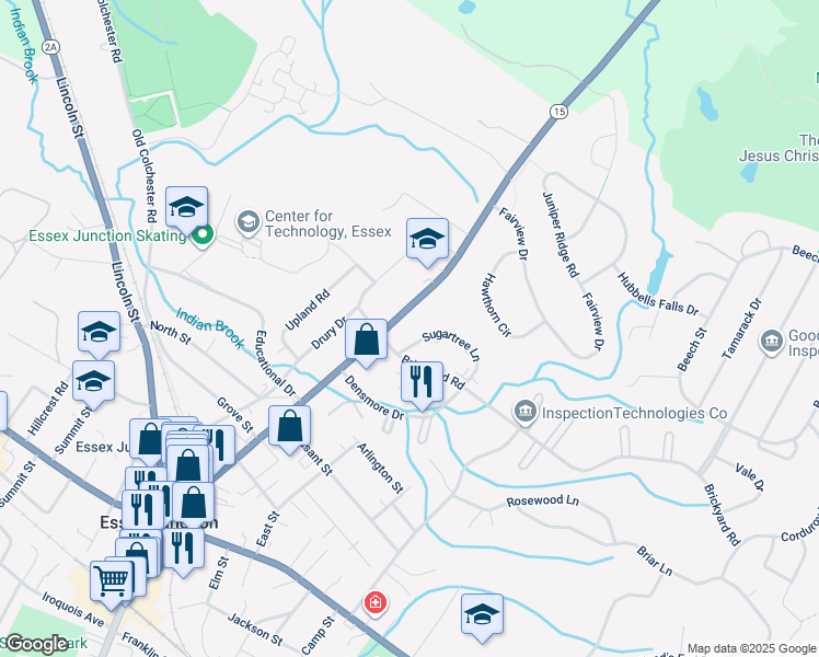map of restaurants, bars, coffee shops, grocery stores, and more near 121 Main Street in Essex