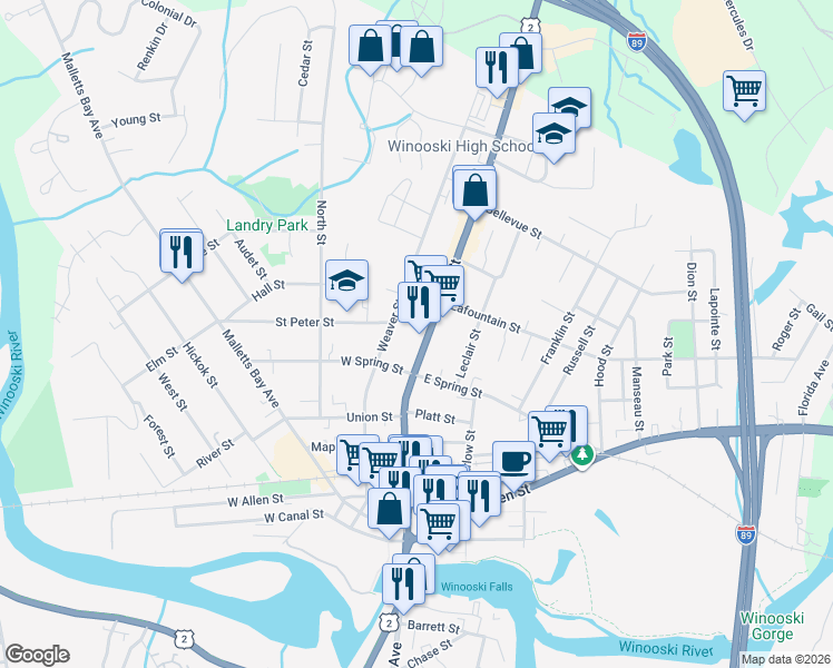 map of restaurants, bars, coffee shops, grocery stores, and more near 215 Weaver Street in Winooski