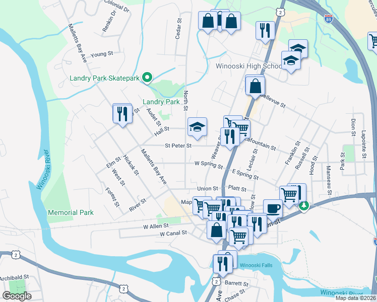 map of restaurants, bars, coffee shops, grocery stores, and more near 66 Saint Peter Street in Winooski