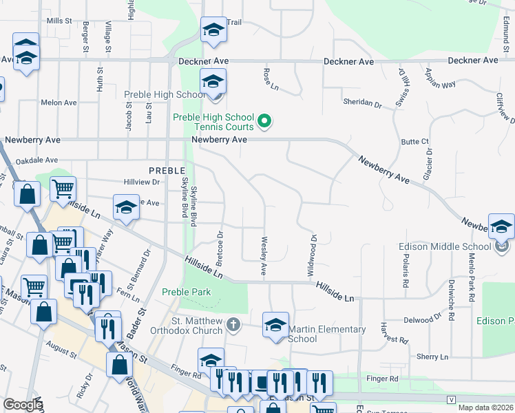 map of restaurants, bars, coffee shops, grocery stores, and more near 386 Wesley Street in Green Bay