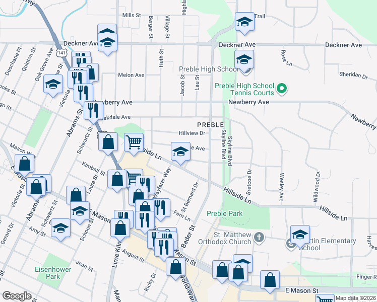 map of restaurants, bars, coffee shops, grocery stores, and more near 2026 Zeise Ave in Green Bay