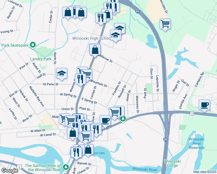 map of restaurants, bars, coffee shops, grocery stores, and more near 78 Lafountain Street in Winooski