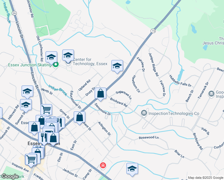 map of restaurants, bars, coffee shops, grocery stores, and more near 121 Main Street in Essex