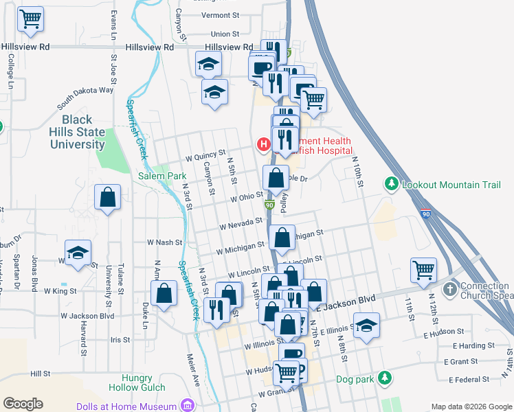 map of restaurants, bars, coffee shops, grocery stores, and more near 1220 North 5th Street in Spearfish