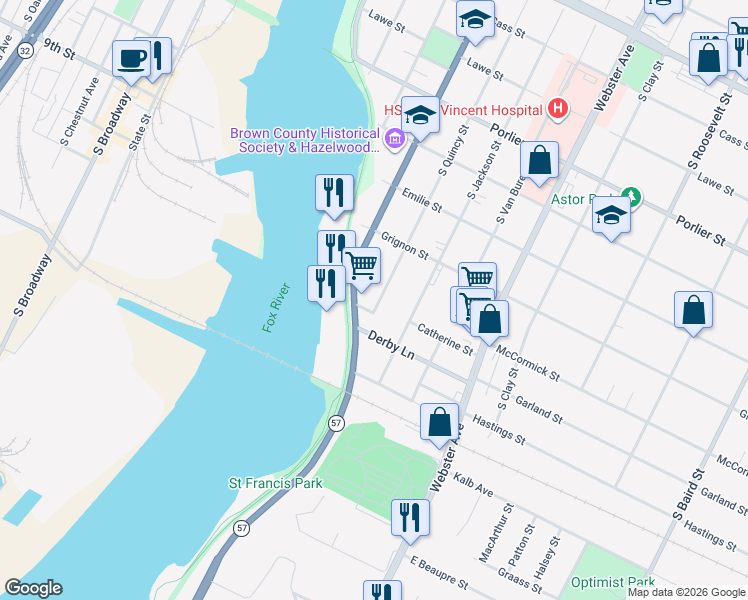 map of restaurants, bars, coffee shops, grocery stores, and more near 1260 1/2 South Quincy Street in Green Bay