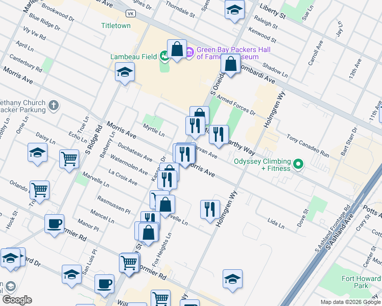 map of restaurants, bars, coffee shops, grocery stores, and more near 2075b South Oneida Street in Green Bay