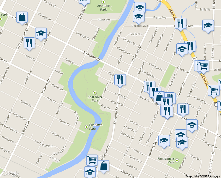 map of restaurants, bars, coffee shops, grocery stores, and more near 1577 Louise Street in Green Bay