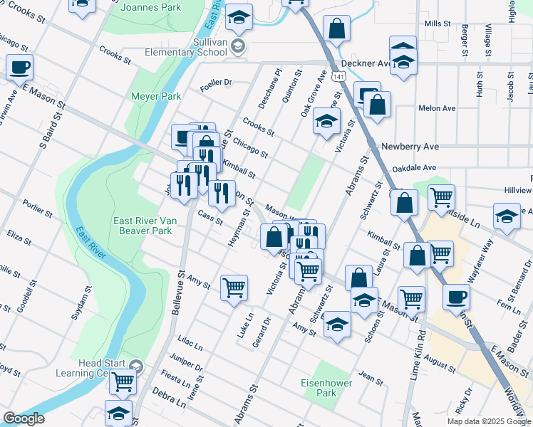 map of restaurants, bars, coffee shops, grocery stores, and more near 1650 Mason Way in Green Bay