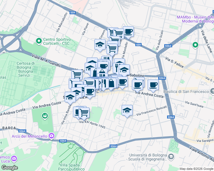 map of restaurants, bars, coffee shops, grocery stores, and more near 12 Via Pier Antonio Rappini in Bologna