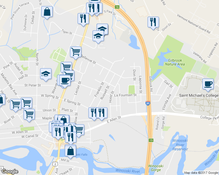 map of restaurants, bars, coffee shops, grocery stores, and more near 101 Russell Street in Winooski