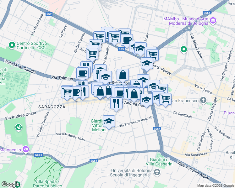 map of restaurants, bars, coffee shops, grocery stores, and more near 7 Via del Carso in Bologna