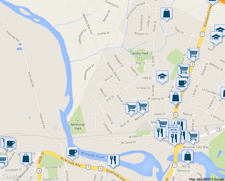 map of restaurants, bars, coffee shops, grocery stores, and more near 178 Hickok Street in Winooski