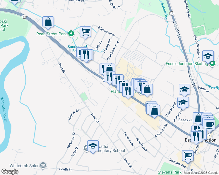map of restaurants, bars, coffee shops, grocery stores, and more near 126 Vermont 15 in Essex