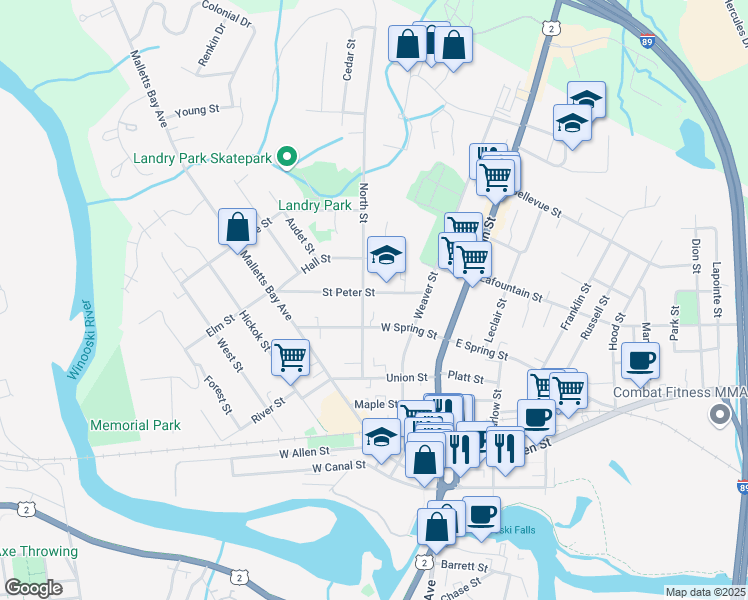 map of restaurants, bars, coffee shops, grocery stores, and more near 66 Saint Peter Street in Winooski