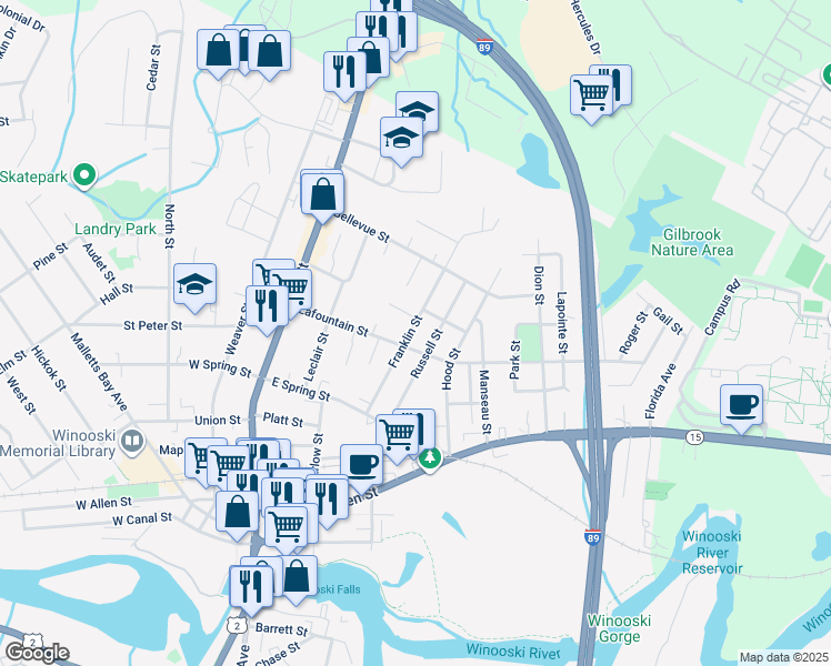 map of restaurants, bars, coffee shops, grocery stores, and more near 39 Franklin Street in Winooski