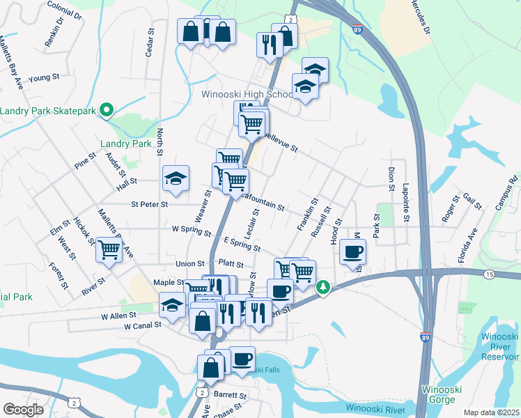 map of restaurants, bars, coffee shops, grocery stores, and more near 61 Leclair Street in Winooski