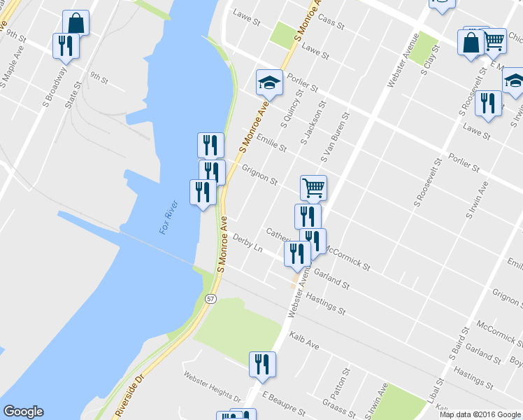 map of restaurants, bars, coffee shops, grocery stores, and more near 1232 South Jackson Street in Green Bay