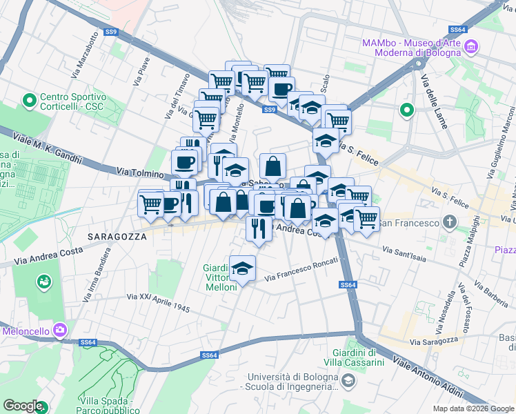 map of restaurants, bars, coffee shops, grocery stores, and more near 7 Via del Carso in Bologna