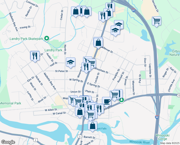 map of restaurants, bars, coffee shops, grocery stores, and more near 235 Main Street in Winooski