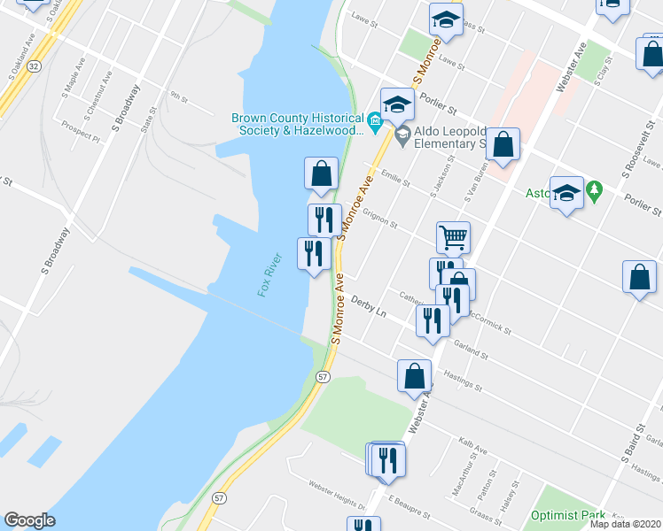 map of restaurants, bars, coffee shops, grocery stores, and more near 1200 Marine Street in Green Bay