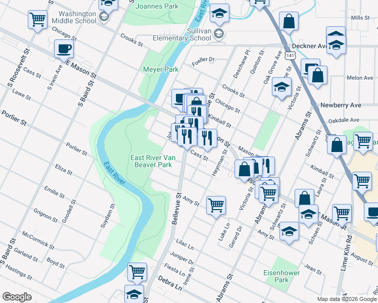 map of restaurants, bars, coffee shops, grocery stores, and more near 703 Bellevue Street in Green Bay